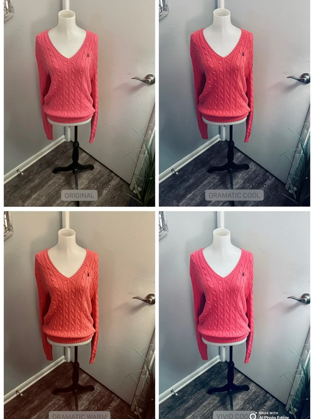 VTG Ralph Lauren Sport Hot Pink Cable Knit V-Neck Sweater XL
